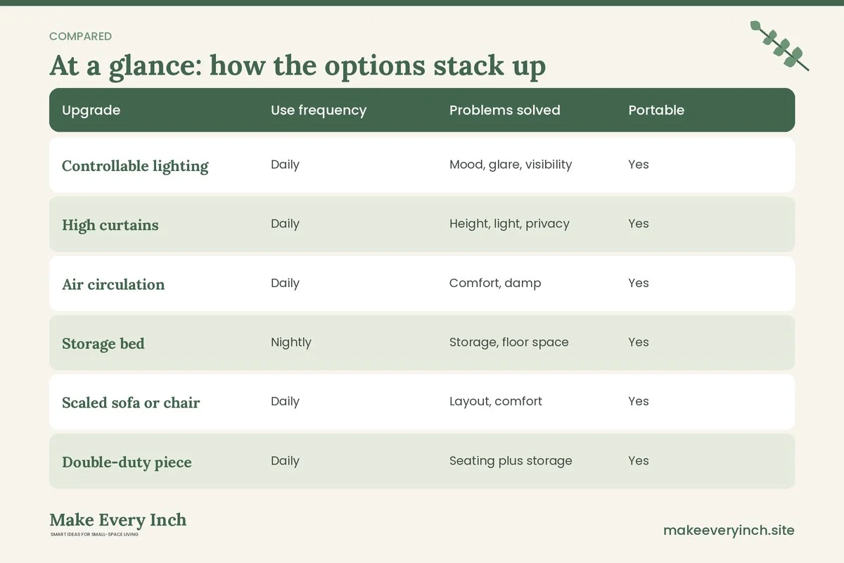 Comparison table of options for: 12 Small Space Upgrades Worth Spending On (and How to Rank Them) (Upgrade, Use frequency, Problems solved, Portable)