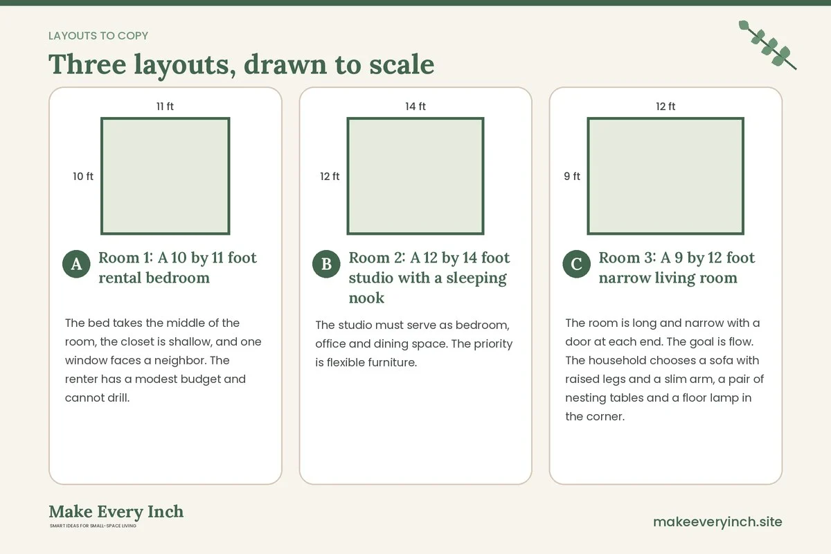 Three room layouts drawn to scale with dimensions and placement notes for: 12 Small Space Upgrades Worth Spending On (and How to Rank Them)