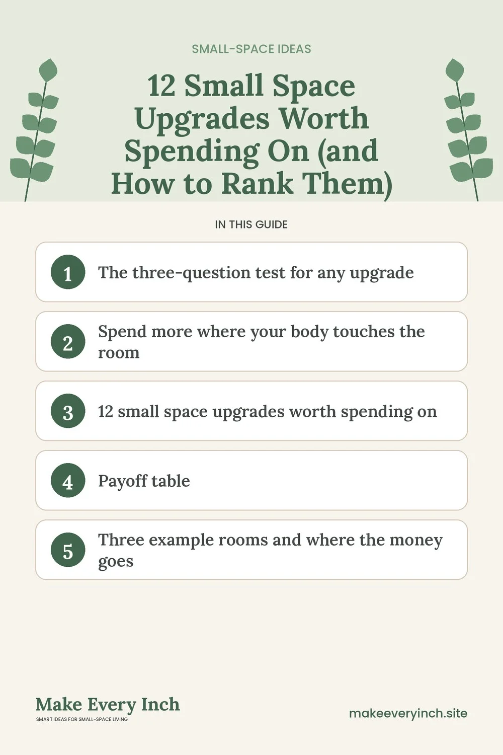 Pinterest pin listing the main topics in: 12 Small Space Upgrades Worth Spending On (and How to Rank Them)