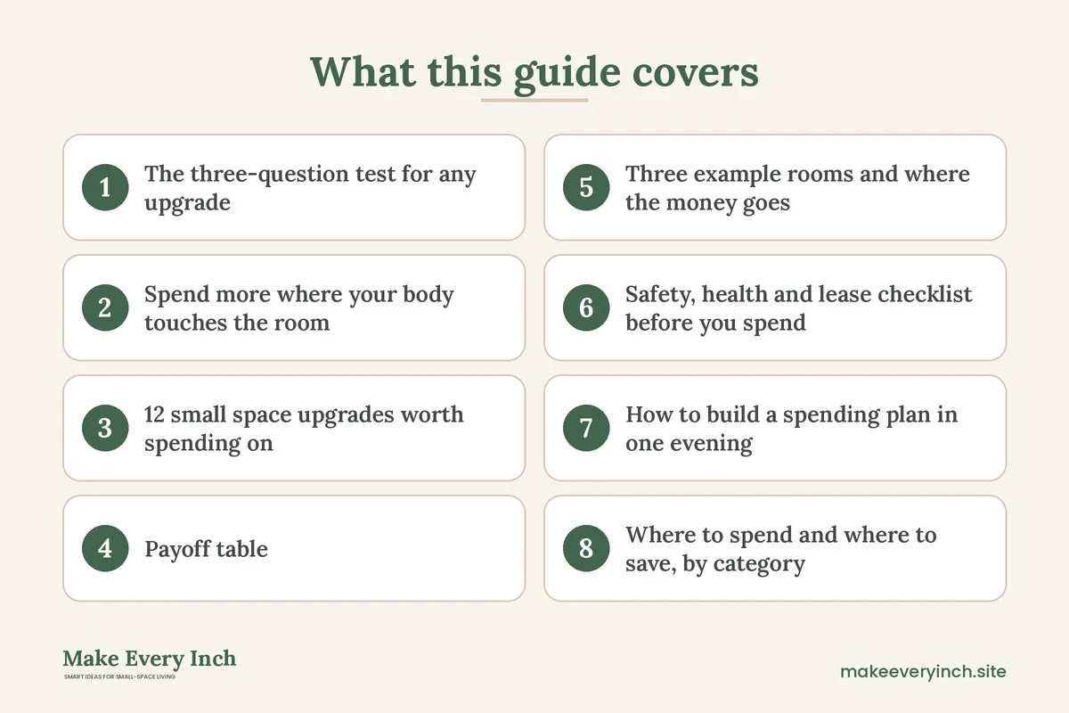 Graphic listing 8 topics covered in: 12 Small Space Upgrades Worth Spending On (and How to Rank Them)