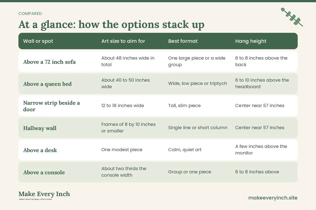 Comparison table of options for: 18 Small Space Wall Art Ideas for Tight Walls and Tiny Rooms (Wall or spot, Art size to aim for, Best format, Hang height)