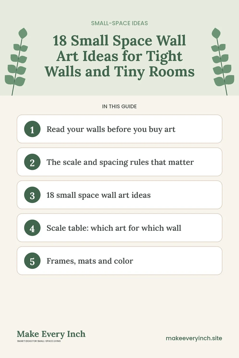 Pinterest pin listing the main topics in: 18 Small Space Wall Art Ideas for Tight Walls and Tiny Rooms
