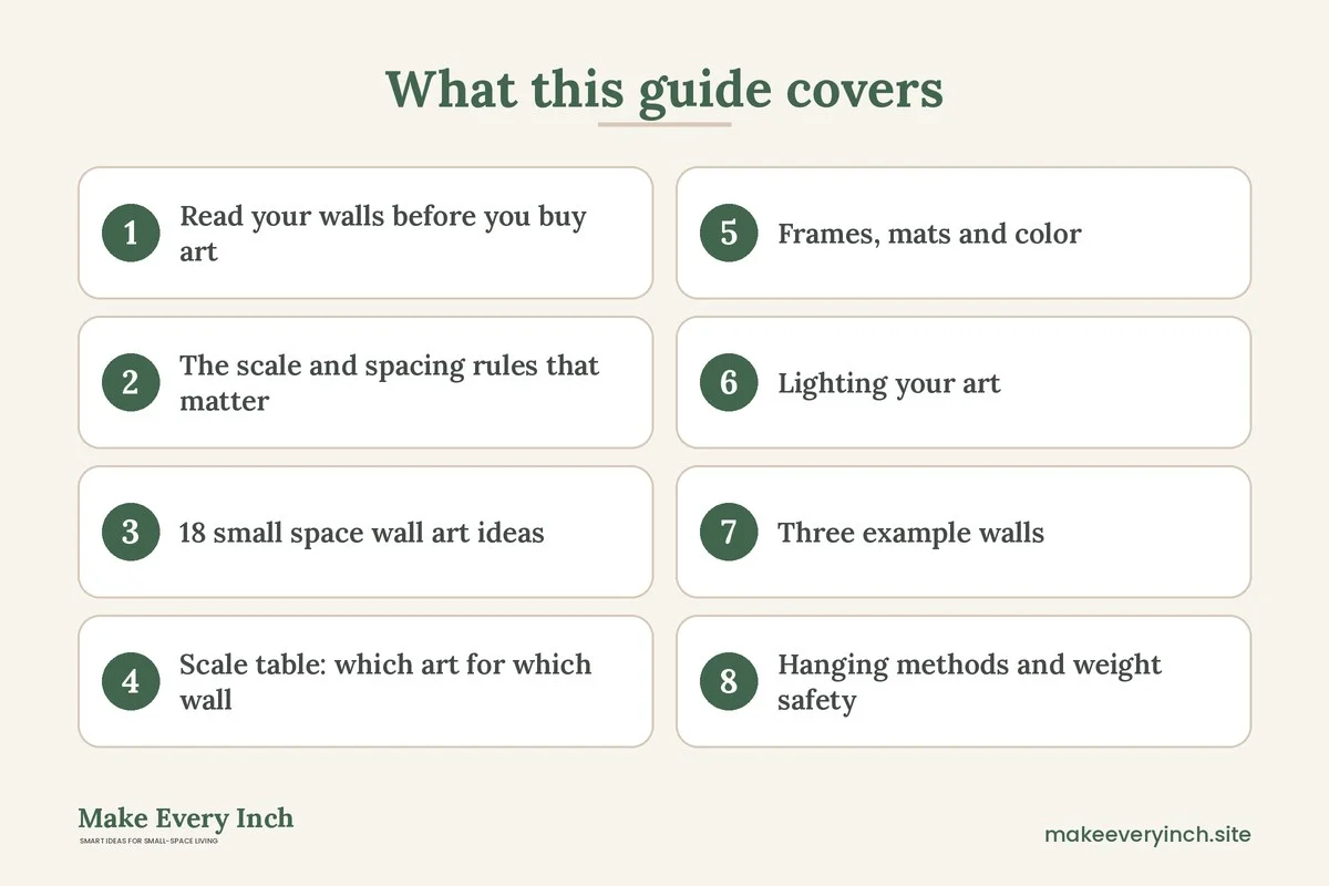 Graphic listing 8 topics covered in: 18 Small Space Wall Art Ideas for Tight Walls and Tiny Rooms