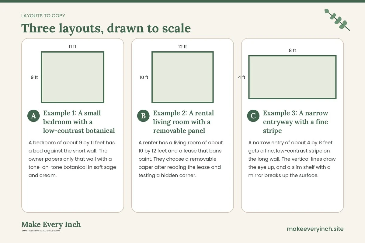 Three room layouts drawn to scale with dimensions and placement notes for: 15 Small Space Wallpaper Ideas That Do Not Overwhelm
