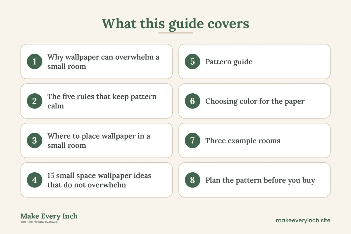 Graphic listing 8 topics covered in: 15 Small Space Wallpaper Ideas That Do Not Overwhelm
