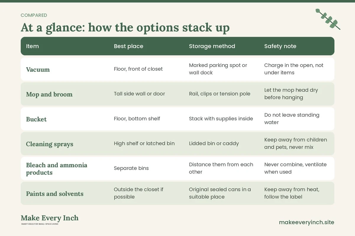 Comparison table of options for: 16 Small Utility Closet Organization Ideas for Mops, Vacuums and Supplies (Item, Best place, Storage method, Safety note)