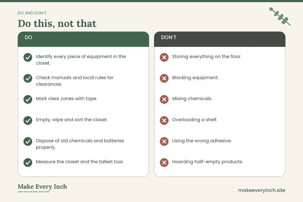 Do and don't checklist for: 16 Small Utility Closet Organization Ideas for Mops, Vacuums and Supplies