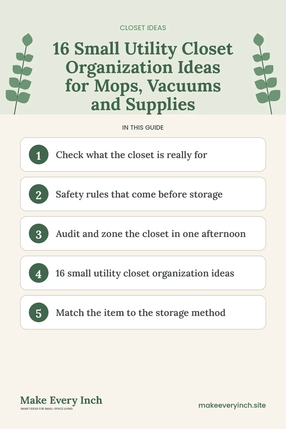 Pinterest pin listing the main topics in: 16 Small Utility Closet Organization Ideas for Mops, Vacuums and Supplies