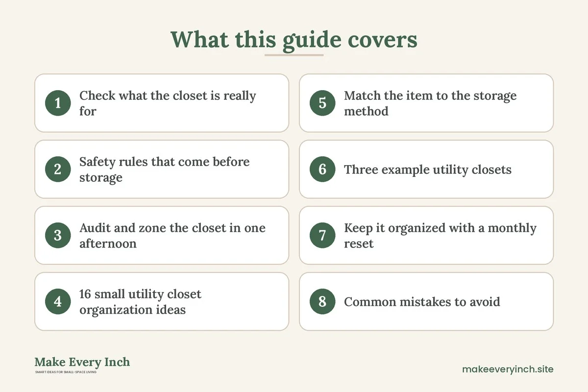 Graphic listing 8 topics covered in: 16 Small Utility Closet Organization Ideas for Mops, Vacuums and Supplies