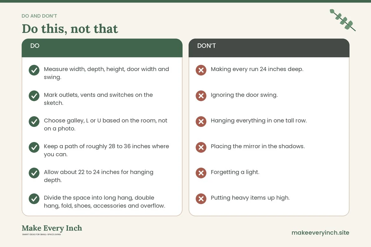 Do and don't checklist for: Small Walk-In Closet Layout Ideas