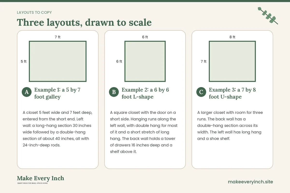 Three room layouts drawn to scale with dimensions and placement notes for: Small Walk-In Closet Layout Ideas