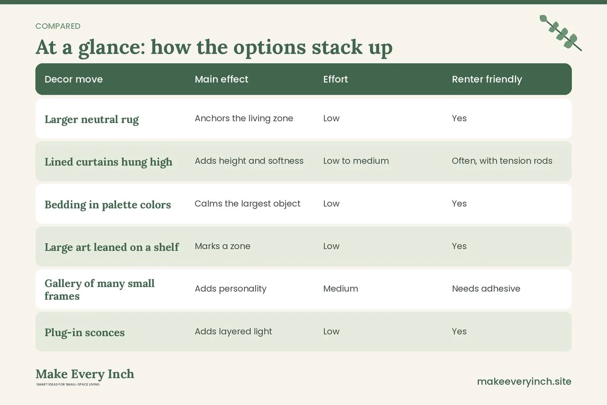 Comparison table of options for: Studio Apartment Decorating Ideas (Decor move, Main effect, Effort, Renter friendly)