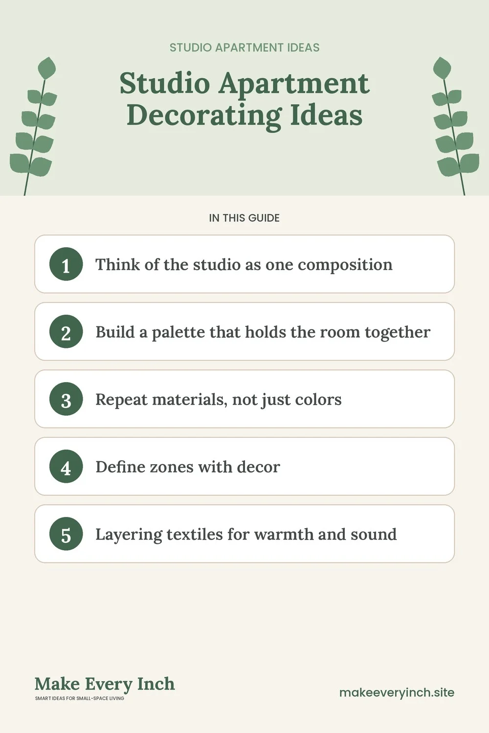 Pinterest pin listing the main topics in: Studio Apartment Decorating Ideas
