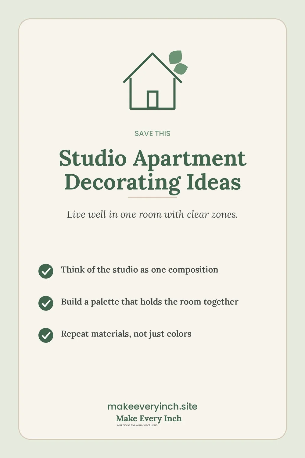 Save-this Pinterest pin with a short checklist for: Studio Apartment Decorating Ideas