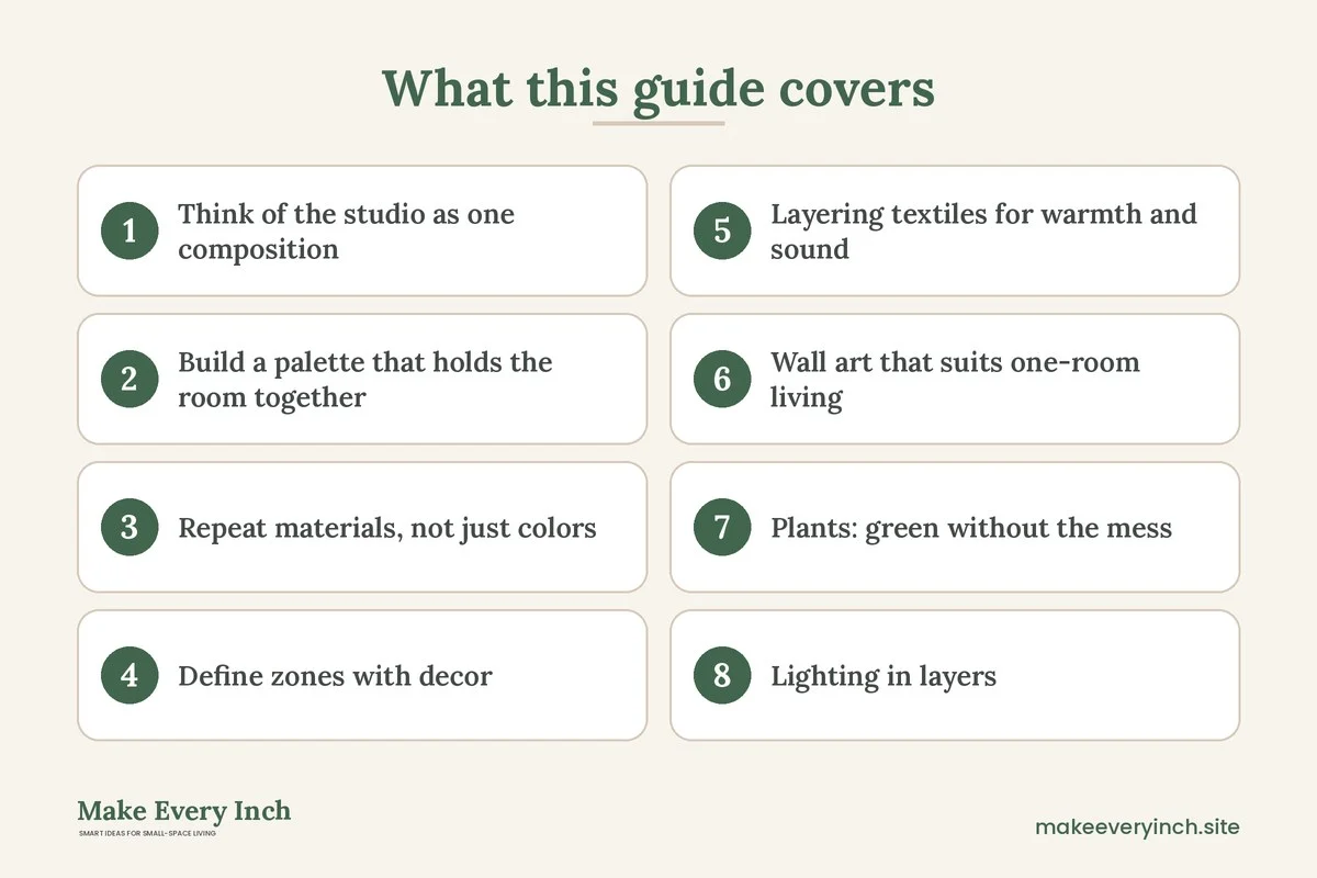 Graphic listing 8 topics covered in: Studio Apartment Decorating Ideas