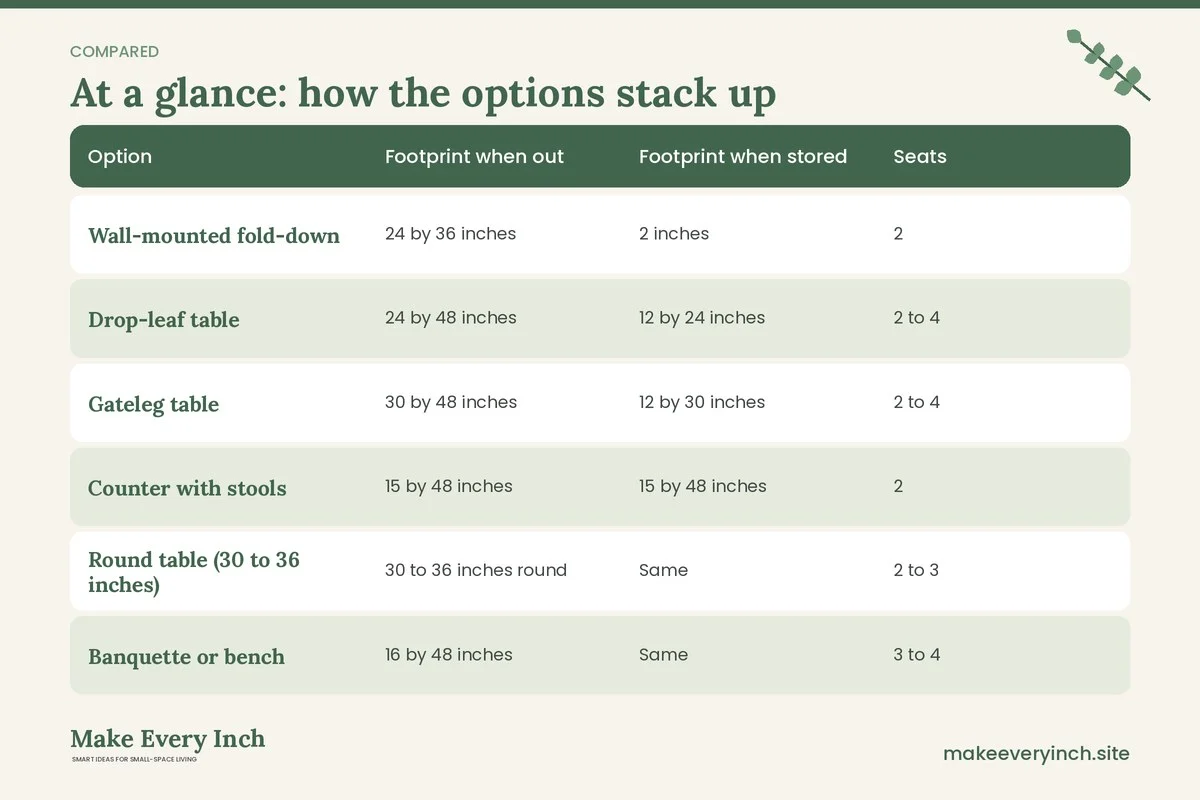 Comparison table of options for: Studio Apartment Dining Area Ideas (Option, Footprint when out, Footprint when stored, Seats)