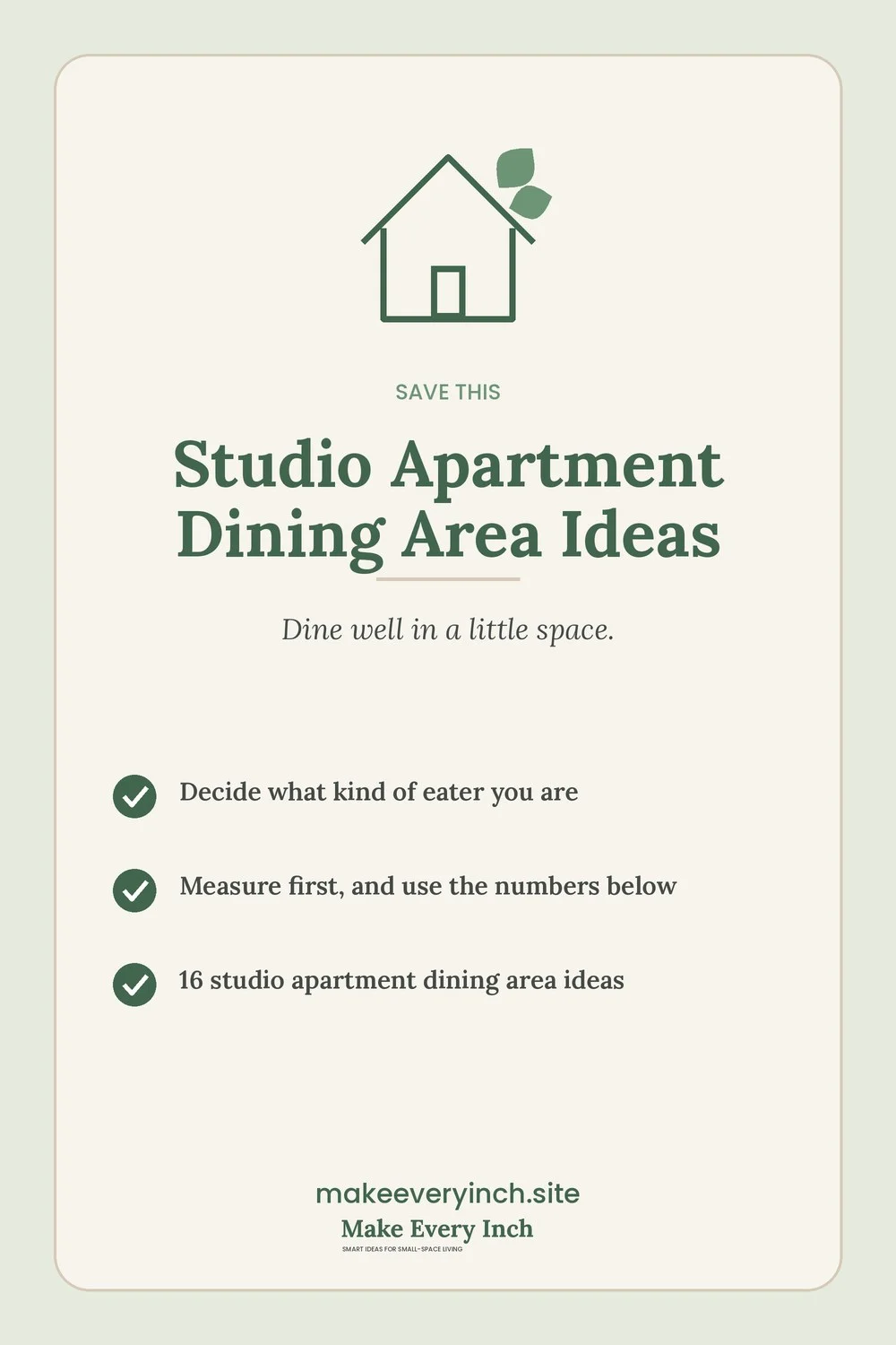 Save-this Pinterest pin with a short checklist for: Studio Apartment Dining Area Ideas