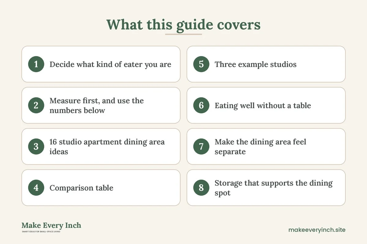 Graphic listing 8 topics covered in: Studio Apartment Dining Area Ideas