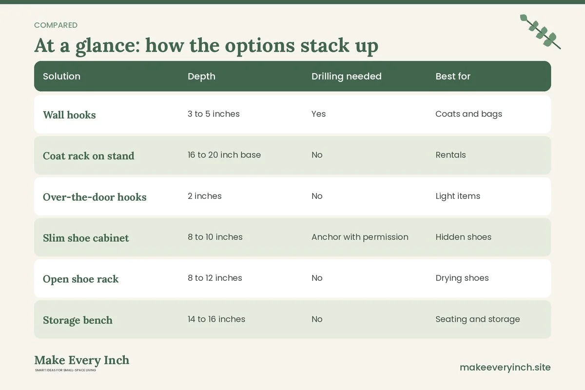 Comparison table of options for: Studio Apartment Entryway Ideas (Solution, Depth, Drilling needed, Best for)