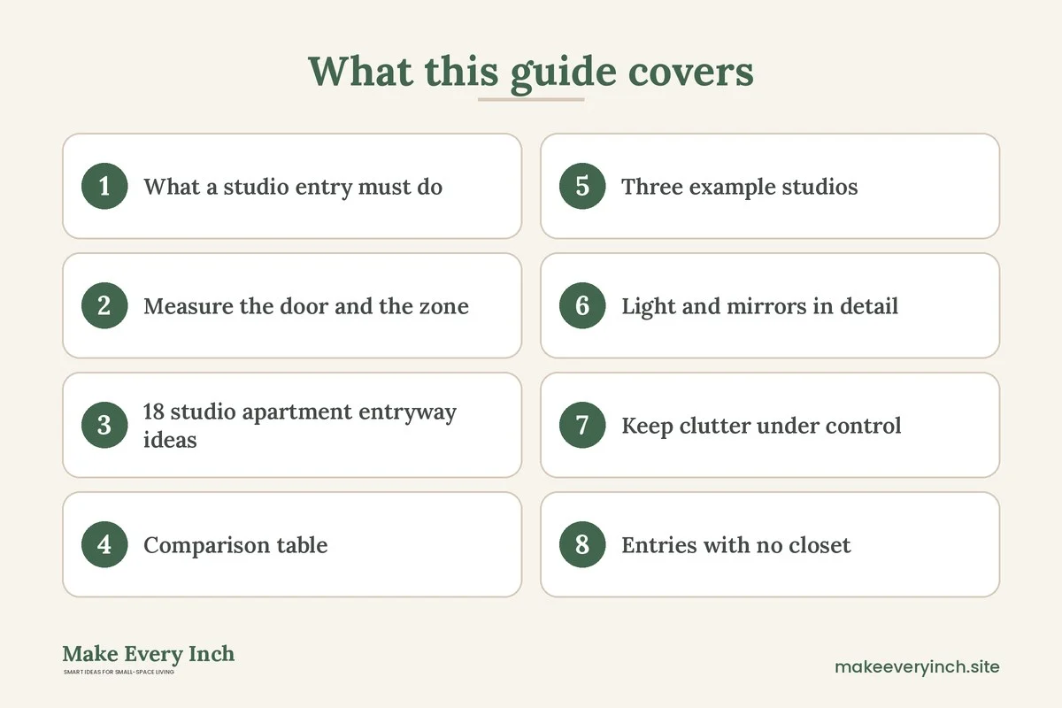 Graphic listing 8 topics covered in: Studio Apartment Entryway Ideas