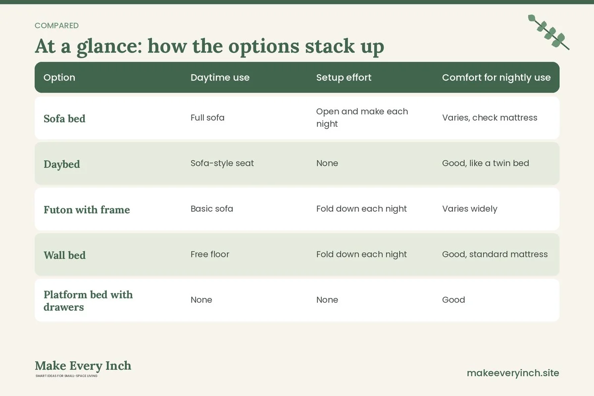 Comparison table of options for: Studio Apartment Furniture Ideas (Option, Daytime use, Setup effort, Comfort for nightly use)