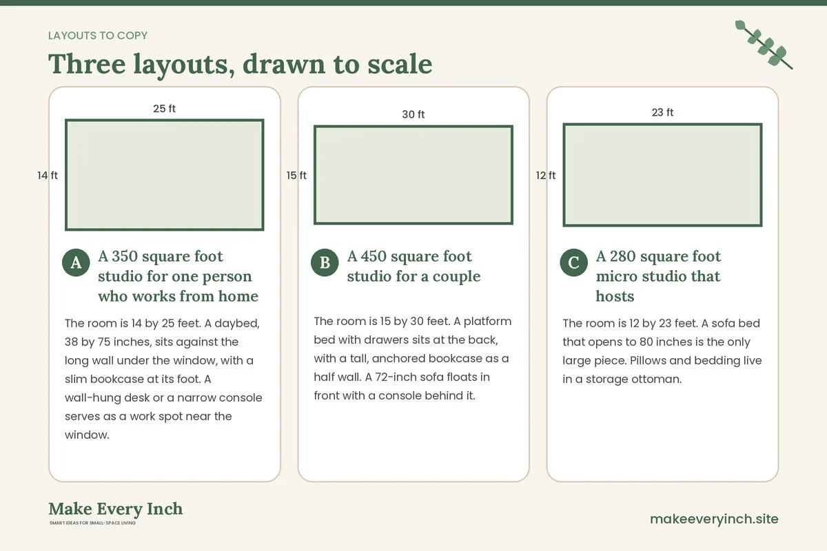 Three room layouts drawn to scale with dimensions and placement notes for: Studio Apartment Furniture Ideas