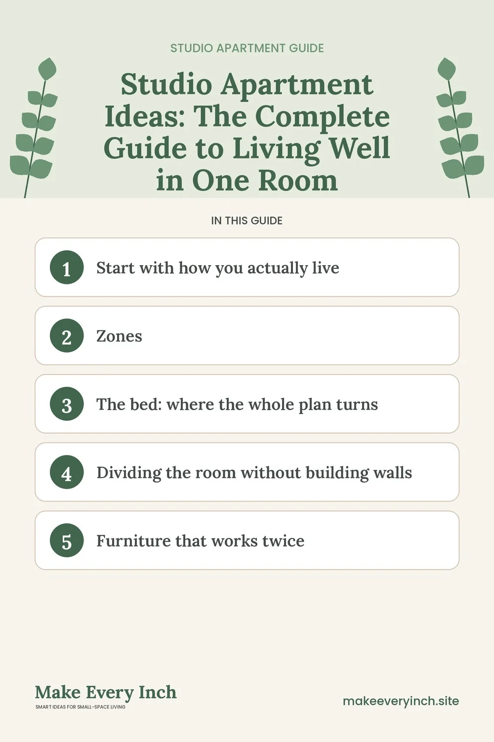 Pinterest pin listing the main topics in the studio apartment ideas guide