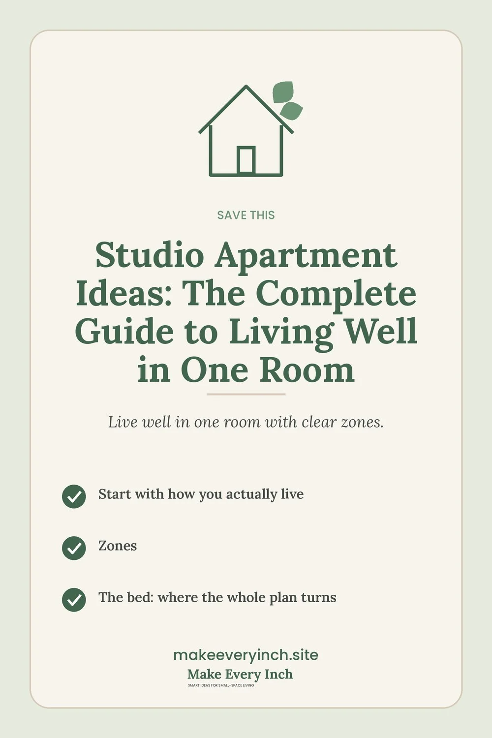Save-this Pinterest pin for the studio apartment ideas guide with a short checklist of key topics