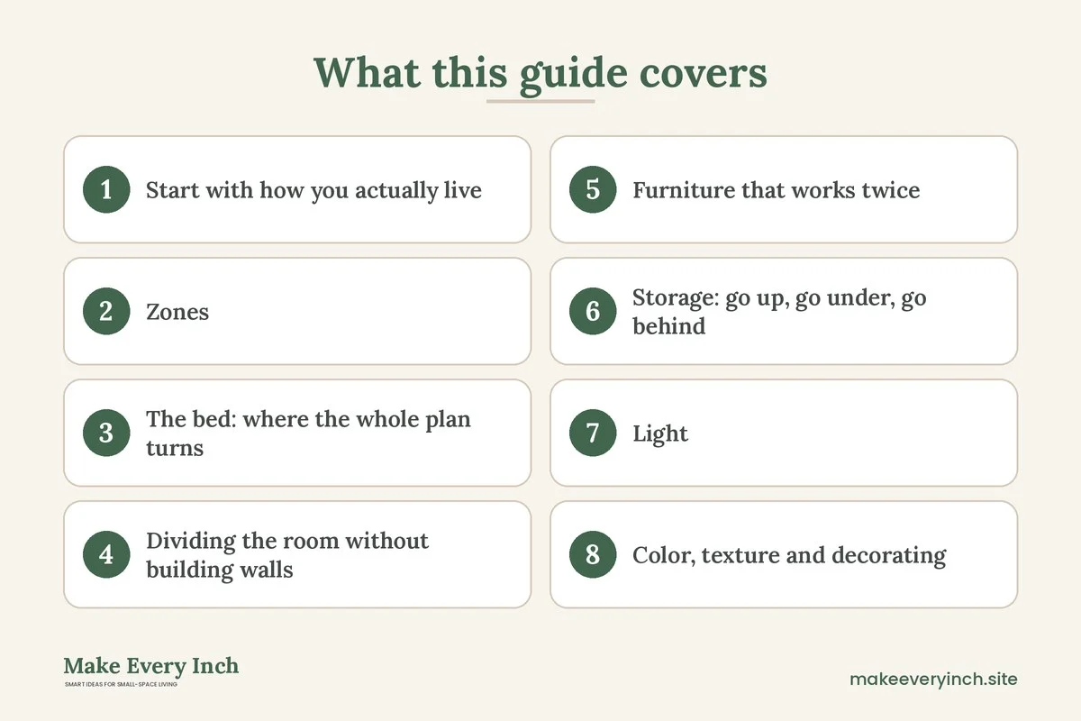 Graphic listing 8 topics covered in the studio apartment ideas guide