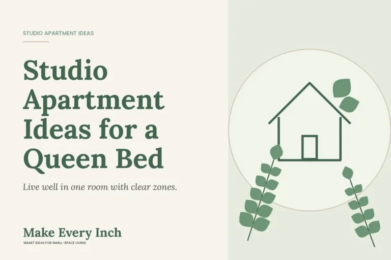 Studio Apartment Ideas for a Queen Bed, Make Every Inch cover with a house and leaf illustration
