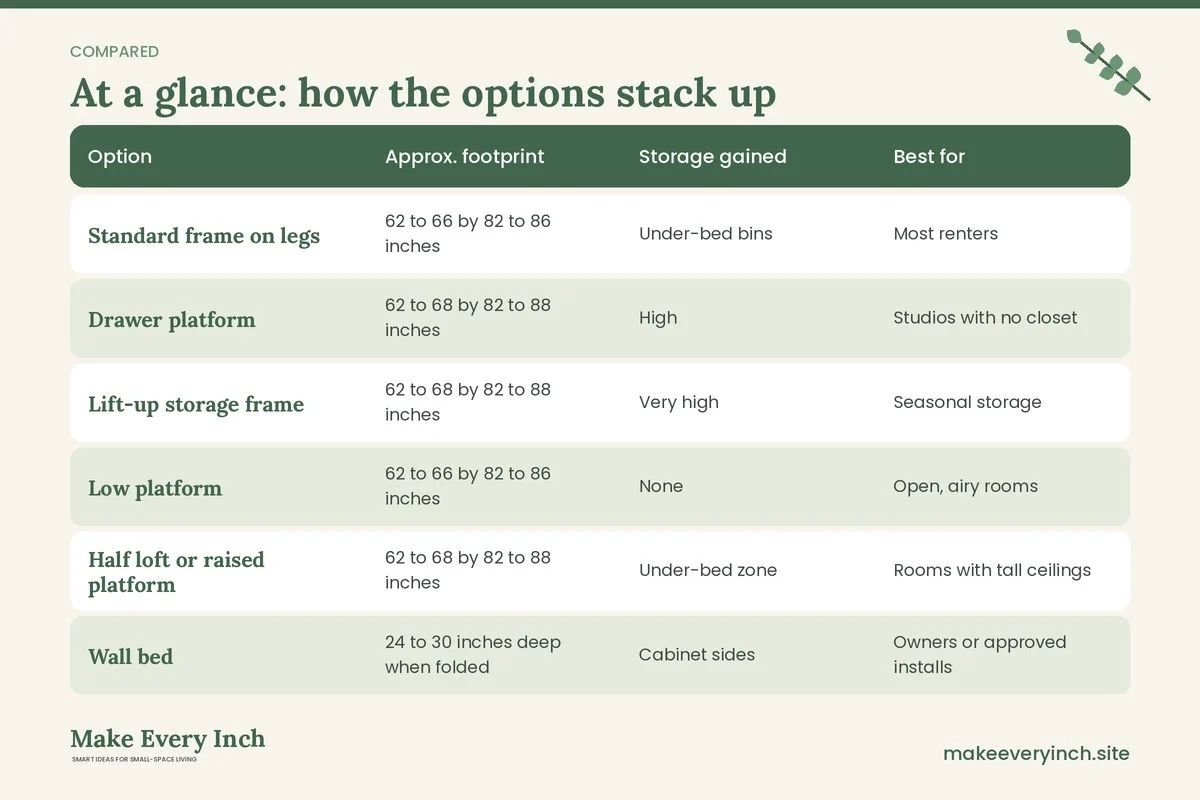 Comparison table of options for: Studio Apartment Ideas for a Queen Bed (Option, Approx. footprint, Storage gained, Best for)