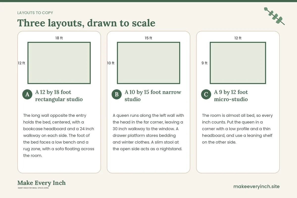Three room layouts drawn to scale with dimensions and placement notes for: Studio Apartment Ideas for a Queen Bed