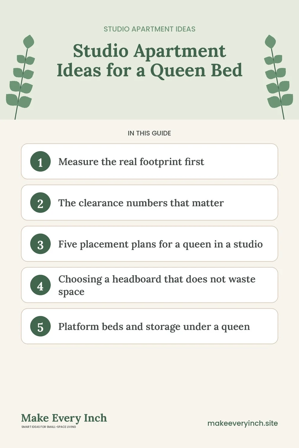 Pinterest pin listing the main topics in: Studio Apartment Ideas for a Queen Bed