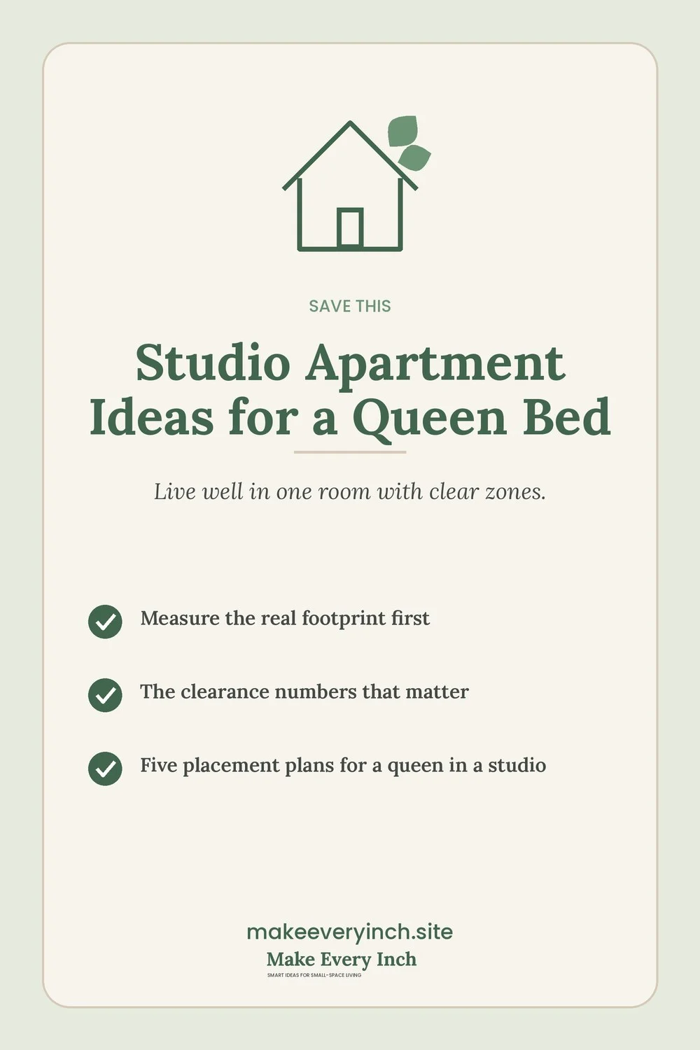 Save-this Pinterest pin with a short checklist for: Studio Apartment Ideas for a Queen Bed