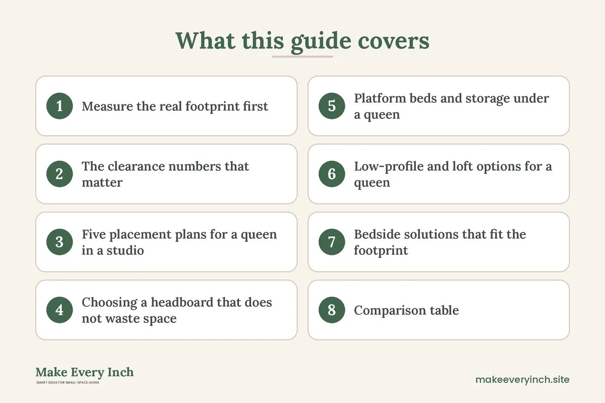 Graphic listing 8 topics covered in: Studio Apartment Ideas for a Queen Bed