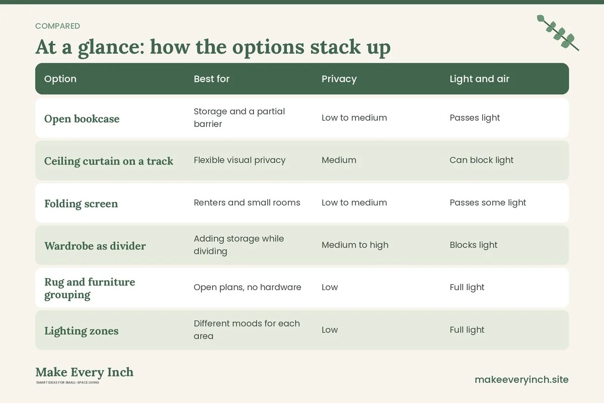 Comparison table of options for: Studio Apartment Ideas for Couples (Option, Best for, Privacy, Light and air)