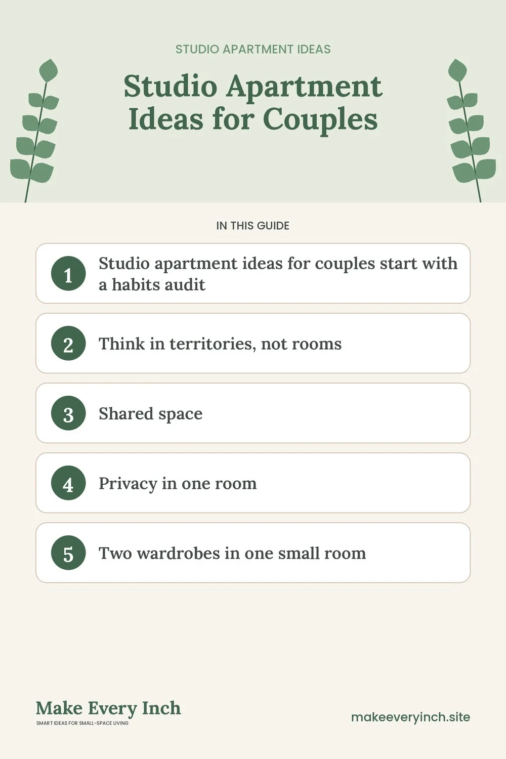 Pinterest pin listing the main topics in: Studio Apartment Ideas for Couples