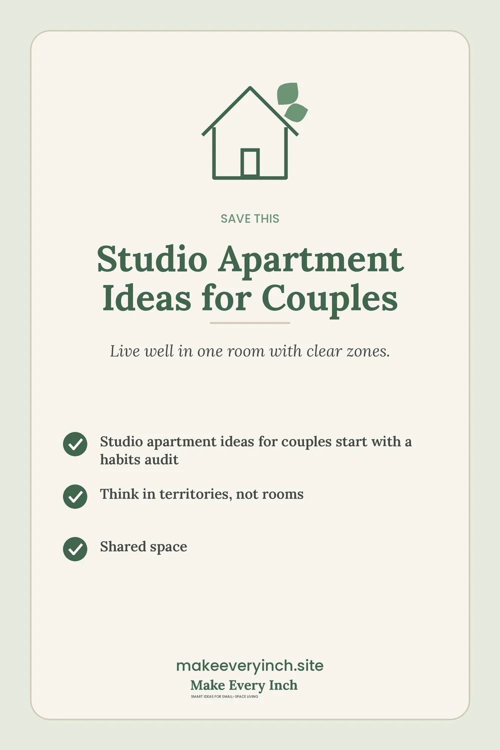 Save-this Pinterest pin with a short checklist for: Studio Apartment Ideas for Couples