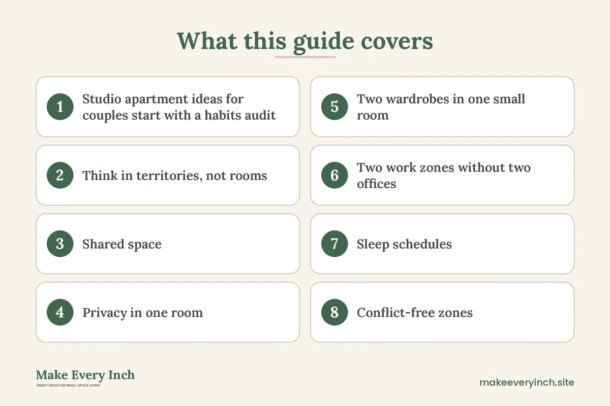 Graphic listing 8 topics covered in: Studio Apartment Ideas for Couples
