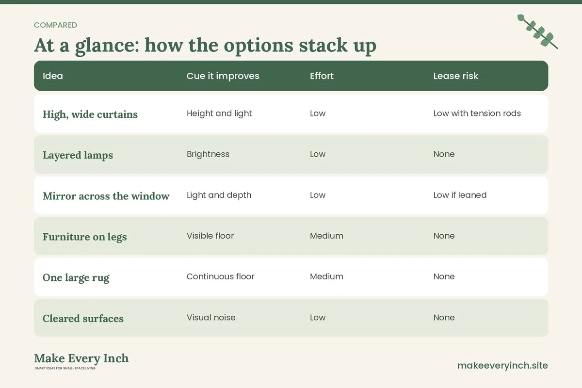Comparison table of options for: Studio Apartment Ideas for Making Space Feel Bigger (Idea, Cue it improves, Effort, Lease risk)