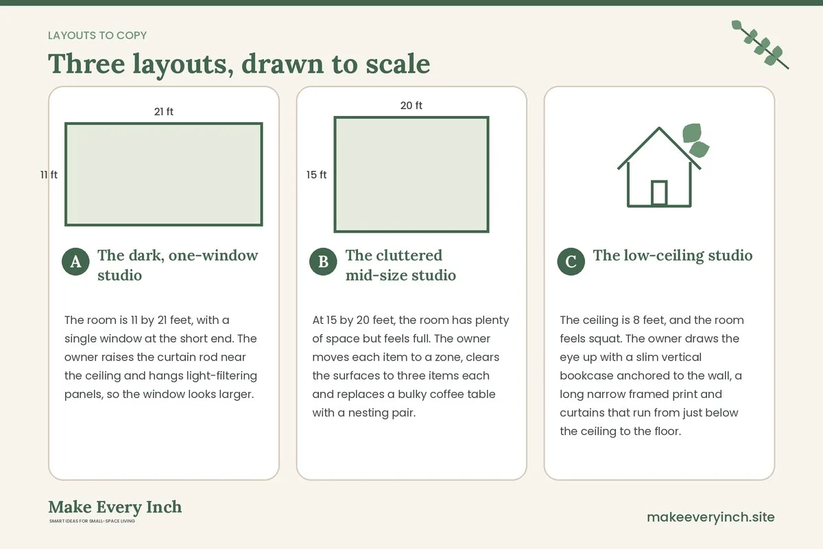 Three room layouts drawn to scale with dimensions and placement notes for: Studio Apartment Ideas for Making Space Feel Bigger