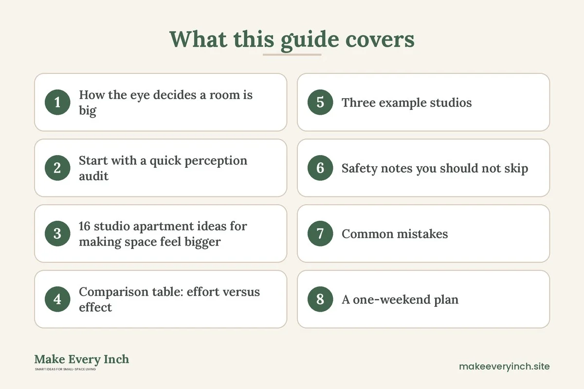 Graphic listing 8 topics covered in: Studio Apartment Ideas for Making Space Feel Bigger