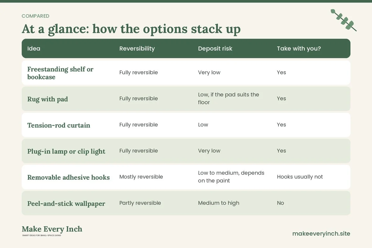 Comparison table of options for: Studio Apartment Ideas for Renters (Idea, Reversibility, Deposit risk, Take with you?)
