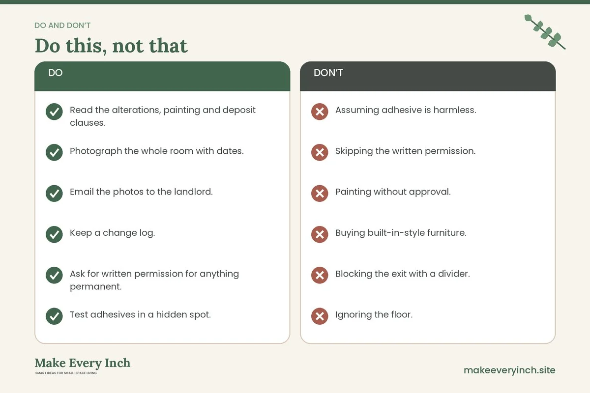 Do and don't checklist for: Studio Apartment Ideas for Renters