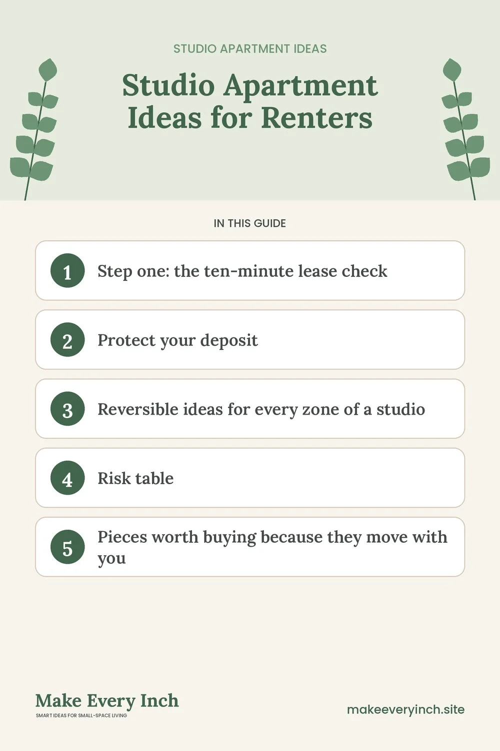 Pinterest pin listing the main topics in: Studio Apartment Ideas for Renters