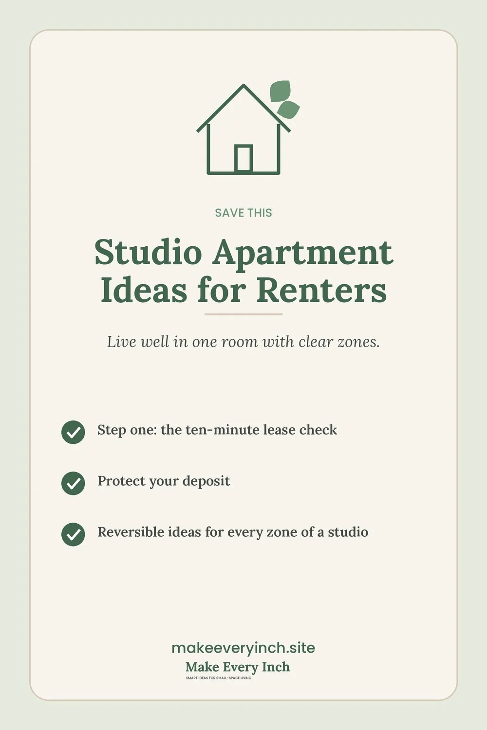 Save-this Pinterest pin with a short checklist for: Studio Apartment Ideas for Renters