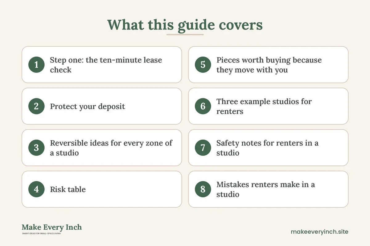 Graphic listing 8 topics covered in: Studio Apartment Ideas for Renters