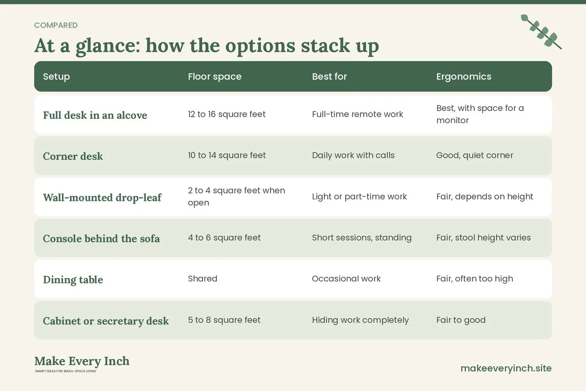 Comparison table of options for: Studio Apartment Ideas for Working from Home (Setup, Floor space, Best for, Ergonomics)