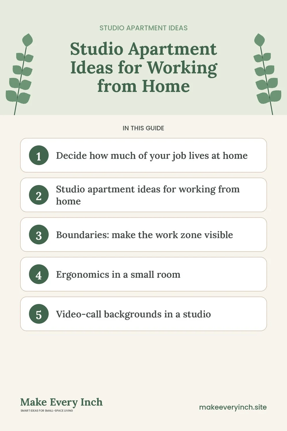 Pinterest pin listing the main topics in: Studio Apartment Ideas for Working from Home