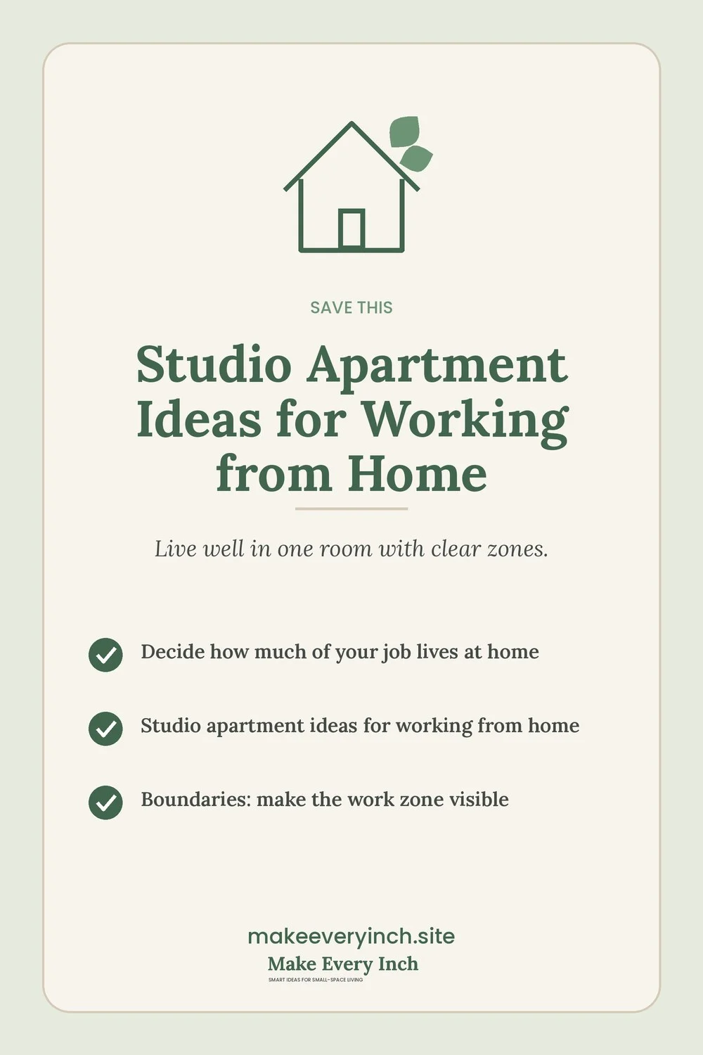Save-this Pinterest pin with a short checklist for: Studio Apartment Ideas for Working from Home